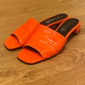Orange patent leather kitten heels